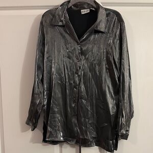 Gray Metallic Button-Up Blouse